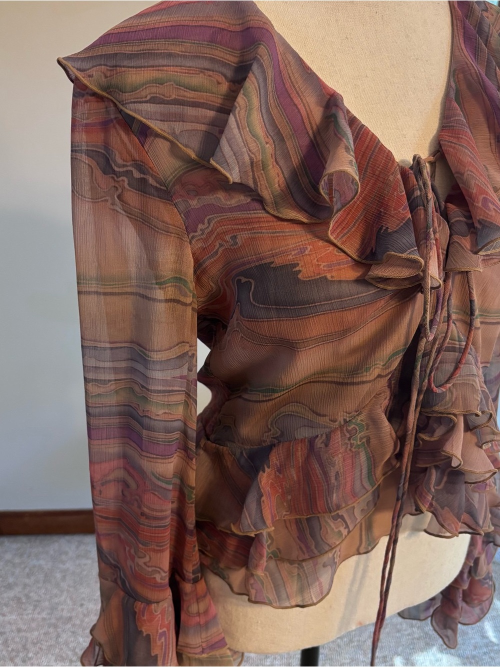 Ronny Kobo Collection Bohemian Mauve Multi-Stripe Ruffle Tie-Front Blouse Small - Picture 2 of 14